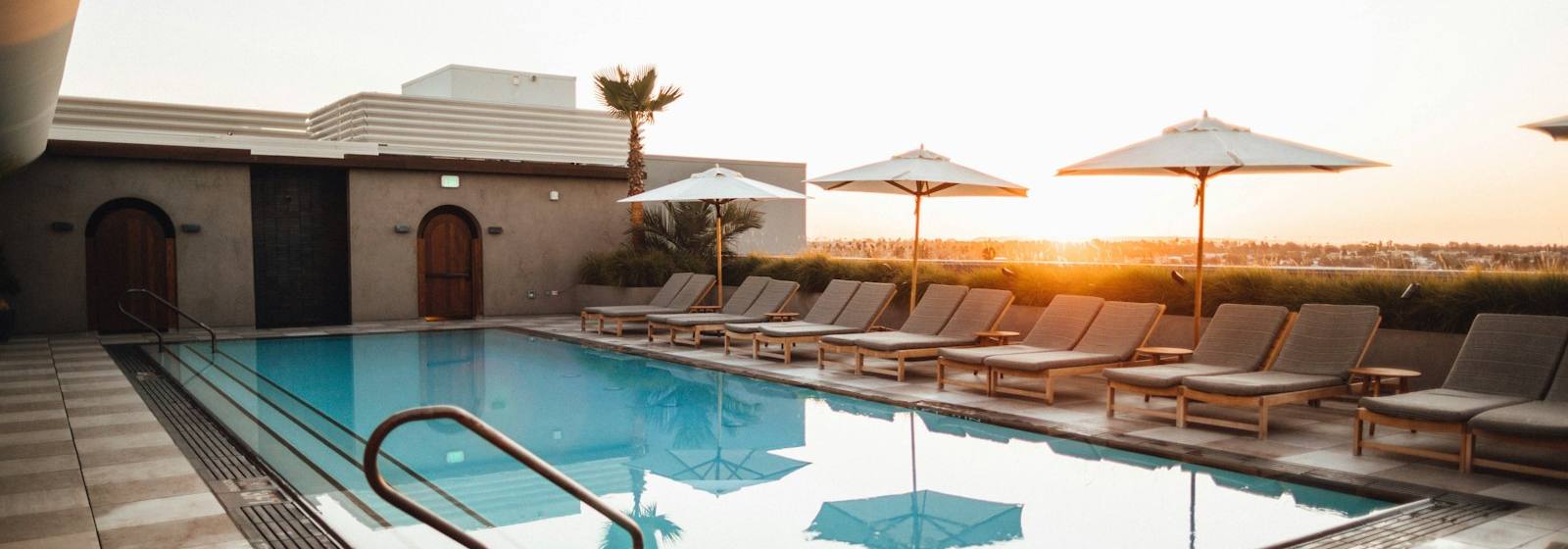 Courtyard swimming pool at dawn in a temperate climate